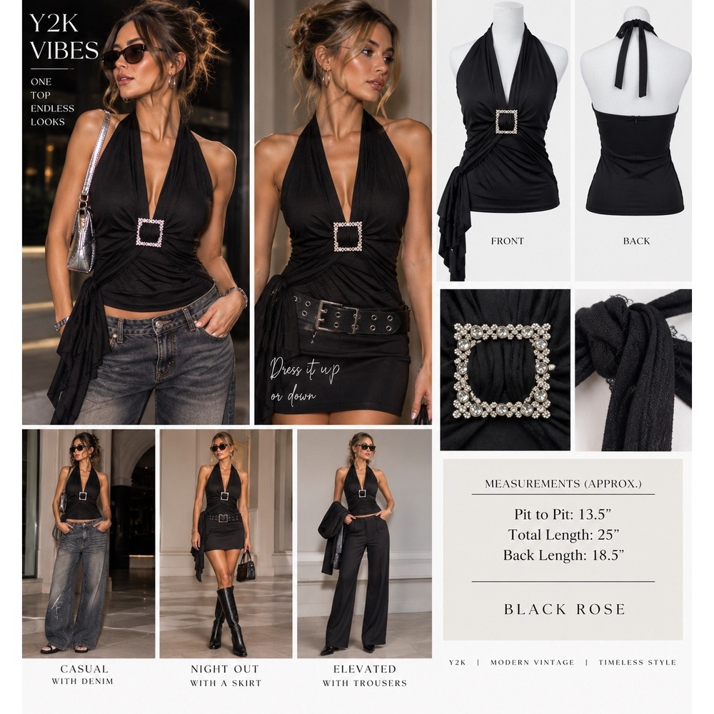 Black Rose L Y2K Halter Top Rhinestone Buckle Ruched McBling Going Out Black